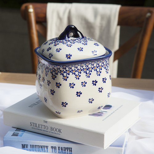 波蘭 Zaklady 藍花星點陶瓷壺型儲物罐 (直徑12.8公分)