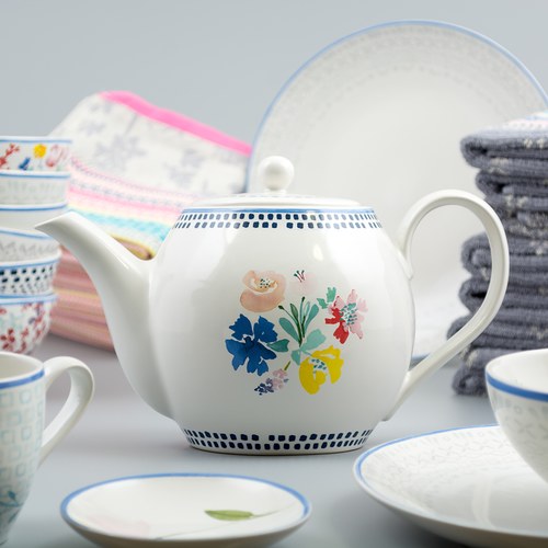 荷蘭FloraCastle 藍色手繪方塊圖紋茶壺